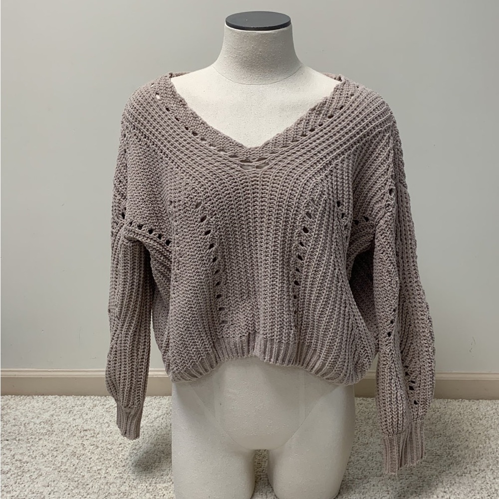 Beige Cropped V-Neck Oversized Sweater